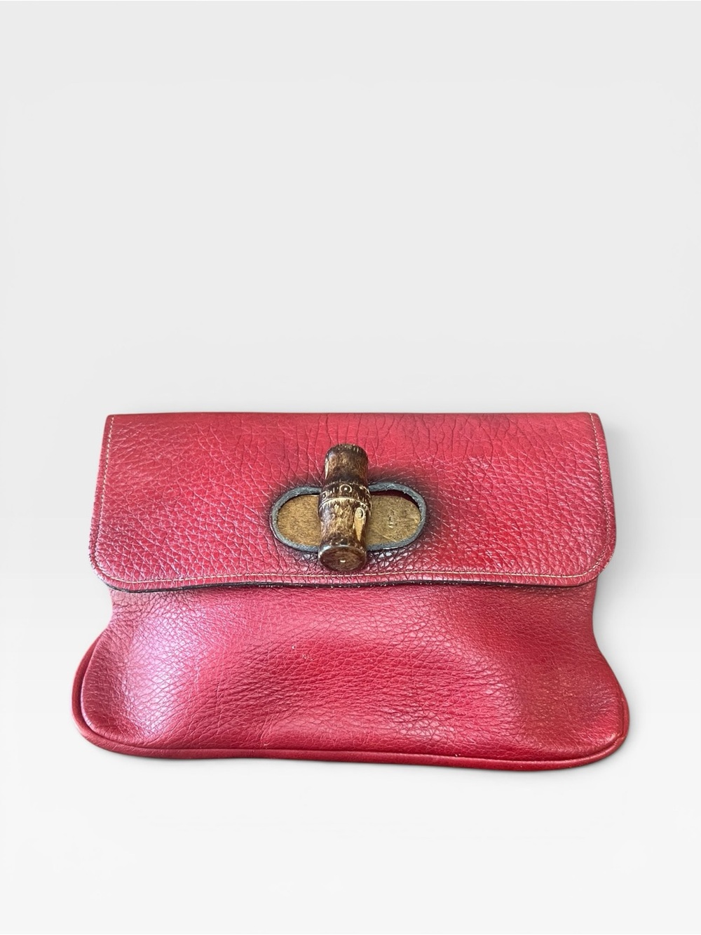 Vintage Margolin Red Leather Bamboo Turn Lock Clutch Bag Boho
